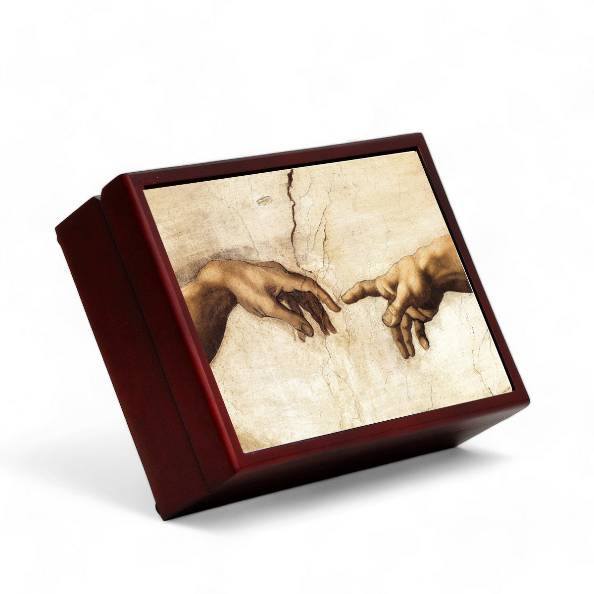 WOOD BOXES COLLECTION: Lined large wood box with printed tile - Opera "Detail of The Creation of Adam" by Michelangelo Buonarroti