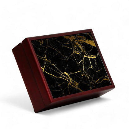 WOOD BOXES COLLECTION: Lined large wood box with printed tile - Carara Black+Gold Marble