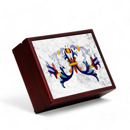 WOOD BOXES COLLECTION: Lined large wood box with printed tile - Ricco Deruta over White Marble