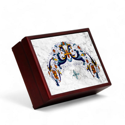 WOOD BOXES COLLECTION: Lined large wood box with printed tile - Ricco Deruta Marble