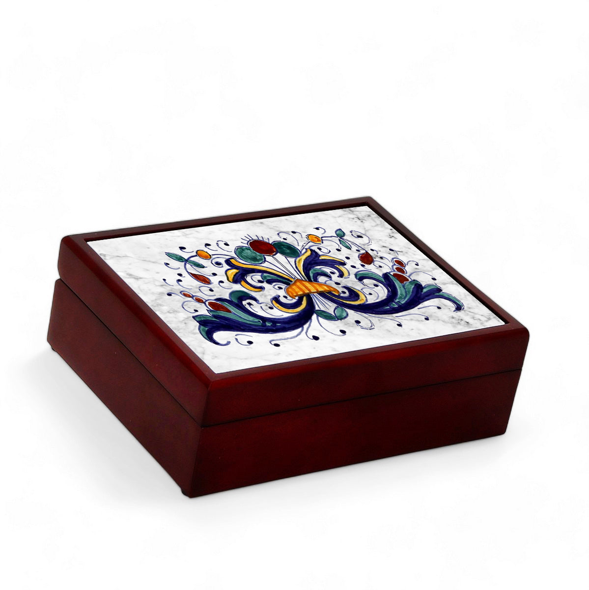 WOOD BOXES COLLECTION: Lined large wood box with printed tile - Ricco Deruta Design