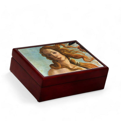 WOOD BOXES COLLECTION: Lined large wood box with printed tile - Opera "The Birth of Venus Detail" by Sandro Botticelli