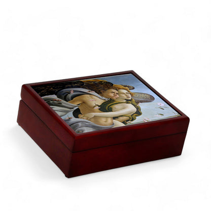 WOOD BOXES COLLECTION: Lined large wood box with printed tile - Opera "The Birth of Venus Top Detail" by Sandro Botticelli