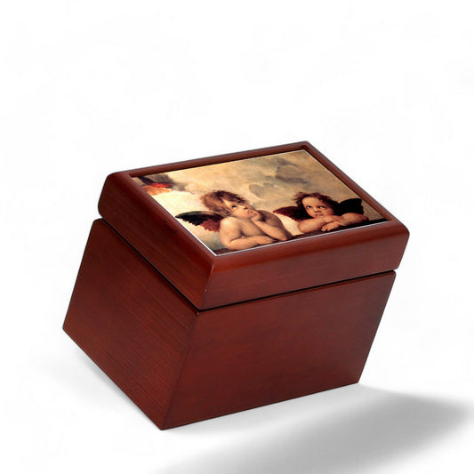 WOOD BOX: Lined Tea Bags Wood Box with printed tile lid - Opera "Angel and Cherubs" by Raphael