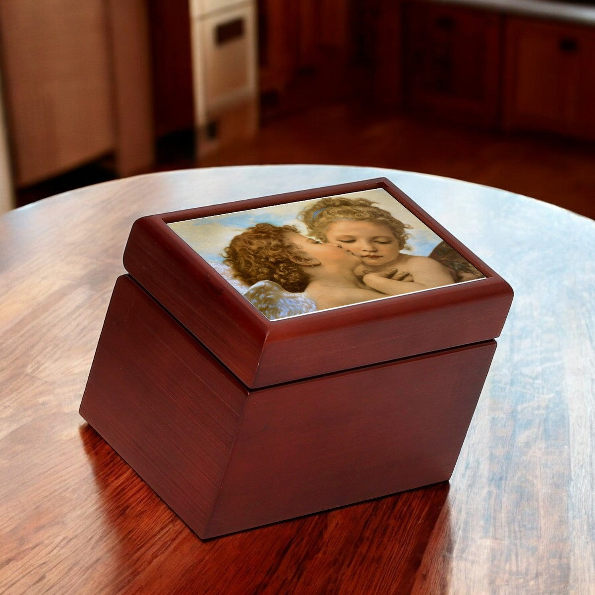 WOOD BOX: Lined Tea Bags Wood Box with printed tile lid - Opera "L'Amour et Psyché"