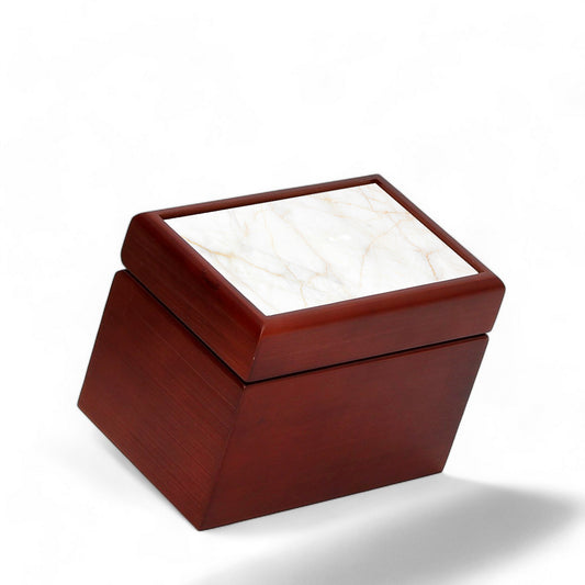 WOOD BOX: Lined Tea Bags Wood Box with printed tile lid - Opera "Gold+White Carrara Marble"