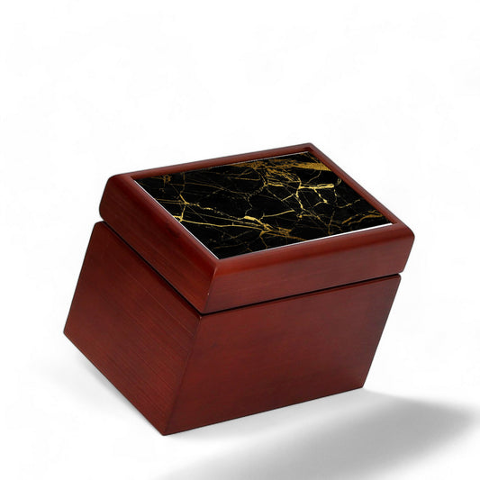 WOOD BOX: Lined Tea Bags Wood Box with printed tile lid - Opera "Gold+Black Carrara Marble"