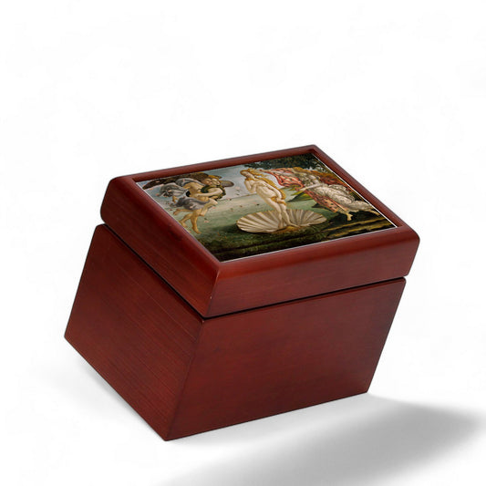 WOOD BOX: Lined Tea Bags Wood Box with printed tile lid - Opera "Venere Botticelli"