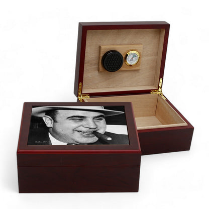 CIGAR HUMIDOR BOX: Luxury Mahogany Satin Finish fully lined in Cedar Wood - Al Capone Design