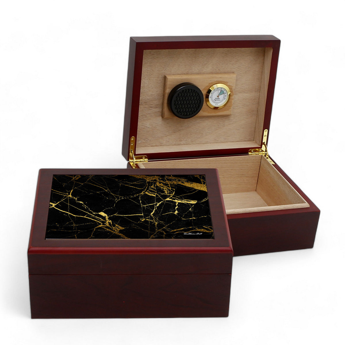 CIGAR HUMIDOR BOX: Luxury Mahogany Satin Finish fully lined in Cedar Wood - Black Carrara Marble