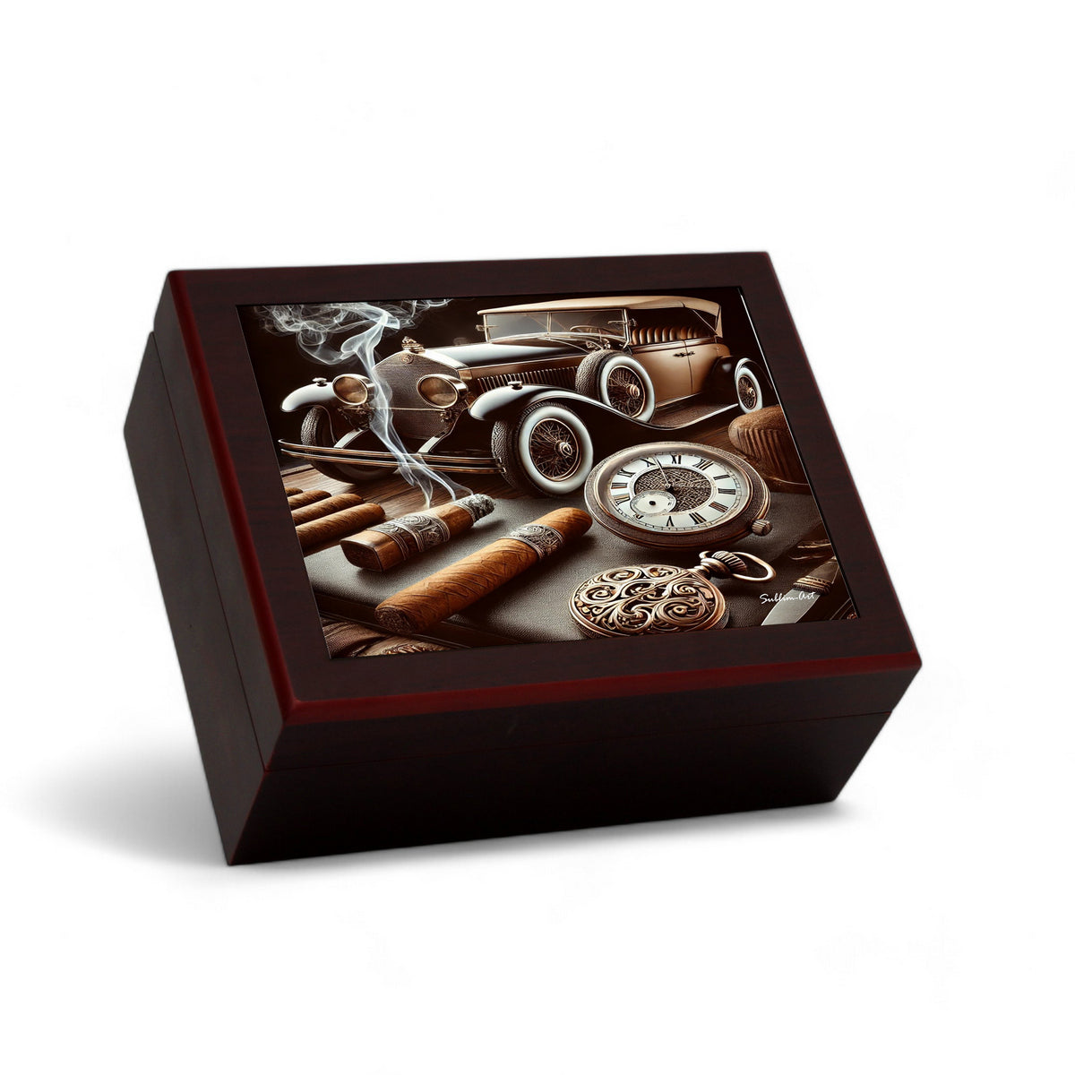 CIGAR HUMIDOR BOX: Luxury Mahogany Satin Finish fully lined in Cedar Wood - Car+Cigars