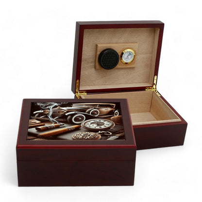 CIGAR HUMIDOR BOX: Luxury Mahogany Satin Finish fully lined in Cedar Wood - Car+Cigars