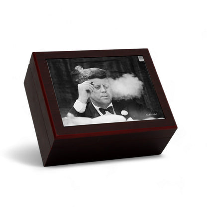 CIGAR HUMIDOR BOX: Luxury Mahogany Satin Finish fully lined in Cedar Wood - J. F. Kennedy