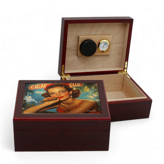 CIGAR HUMIDOR BOX: Luxury Mahogany Satin Finish fully lined in Cedar Wood - The Pin-Up Girl