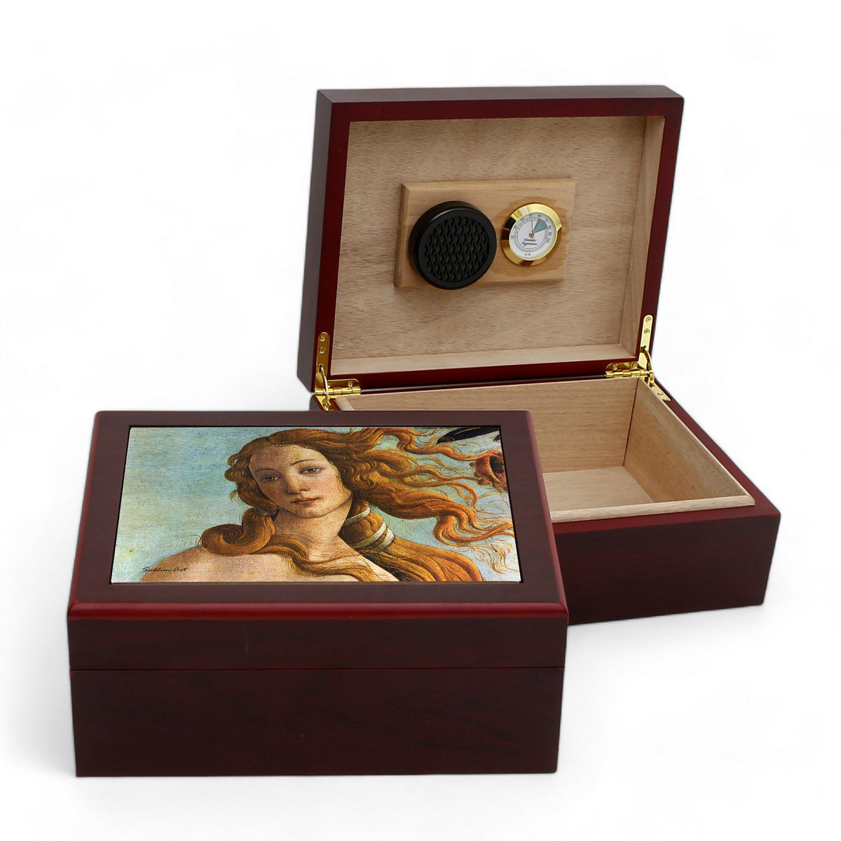 CIGAR HUMIDOR BOX: Luxury Mahogany Satin Finish fully lined in Cedar Wood - Venus Botticelli