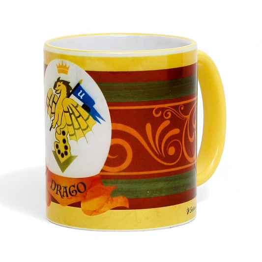 PALIO DI SIENA: Porcelain printed mug - Yellow Handle & Rim - Design by Mario Bruno - DRAGO (Dragon)