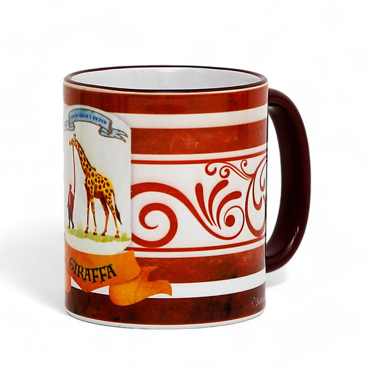 PALIO DI SIENA: Porcelain printed mug - Brown Handle & Rim - Design by Mario Bruno - GIRAFFA (Giraffe)