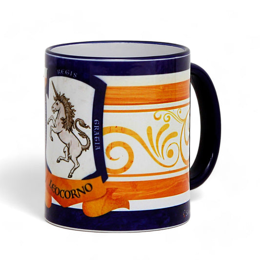 PALIO DI SIENA: Porcelain printed mug - Blue Handle & Rim - Design by Mario Bruno - LEOCORNO (Unicorn)