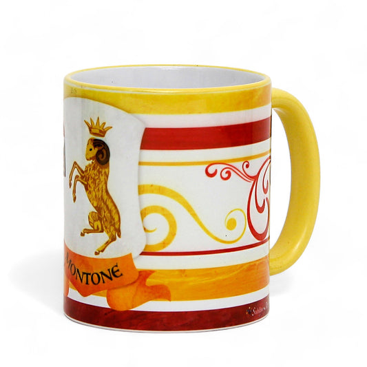 PALIO DI SIENA: Porcelain printed mug - Yellow Handle & Rim - Design by Mario Bruno - MONTONE (Ram)