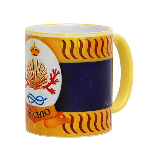 PALIO DI SIENA: Porcelain printed mug - Yellow Handle & Rim - Design by Mario Bruno - NICCHIO (Shell)