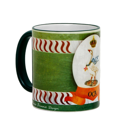 PALIO DI SIENA: Porcelain printed mug - Green Handle & Rim - Design by Mario Bruno - OCA (Goose)