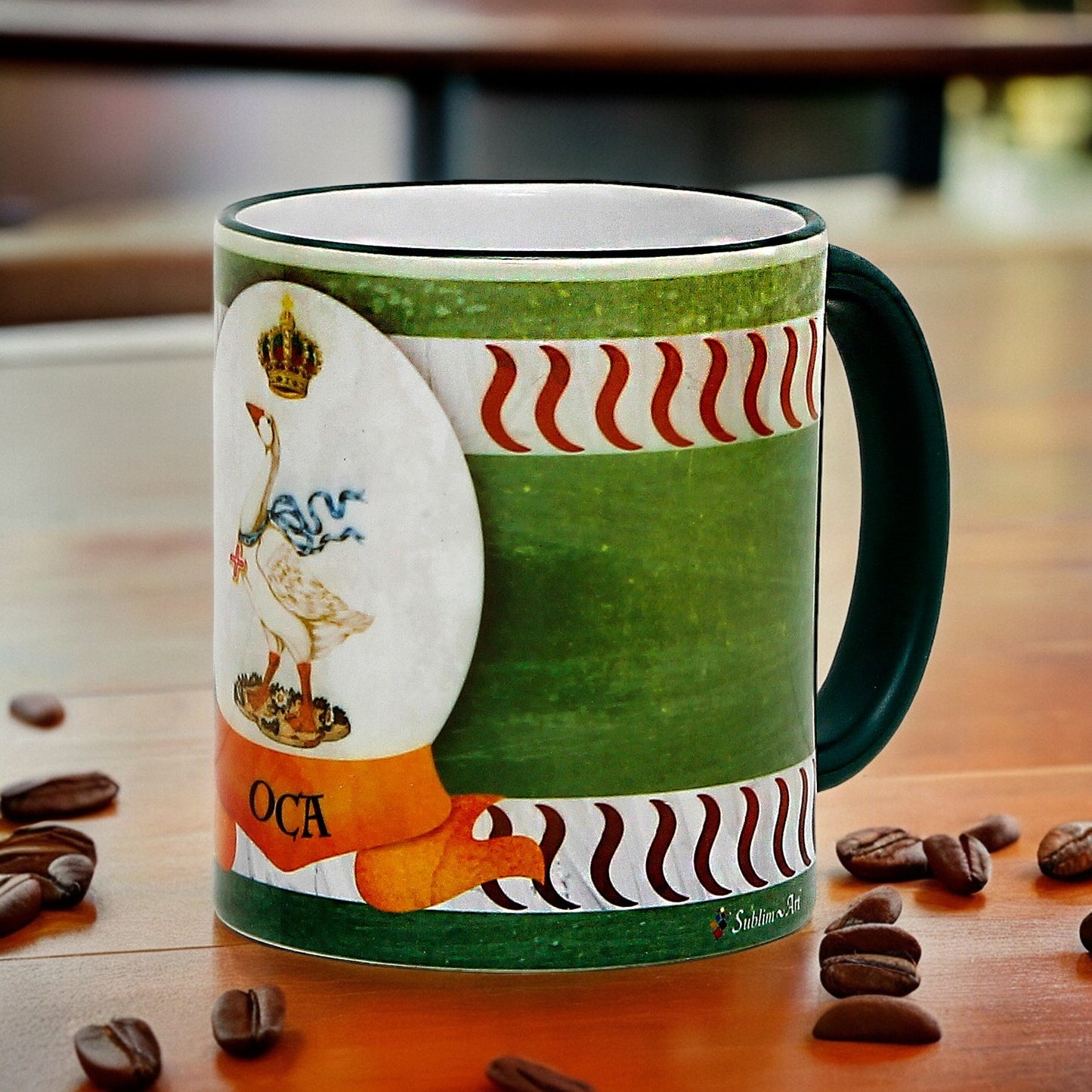 PALIO DI SIENA: Porcelain printed mug - Green Handle & Rim - Design by Mario Bruno - OCA (Goose)