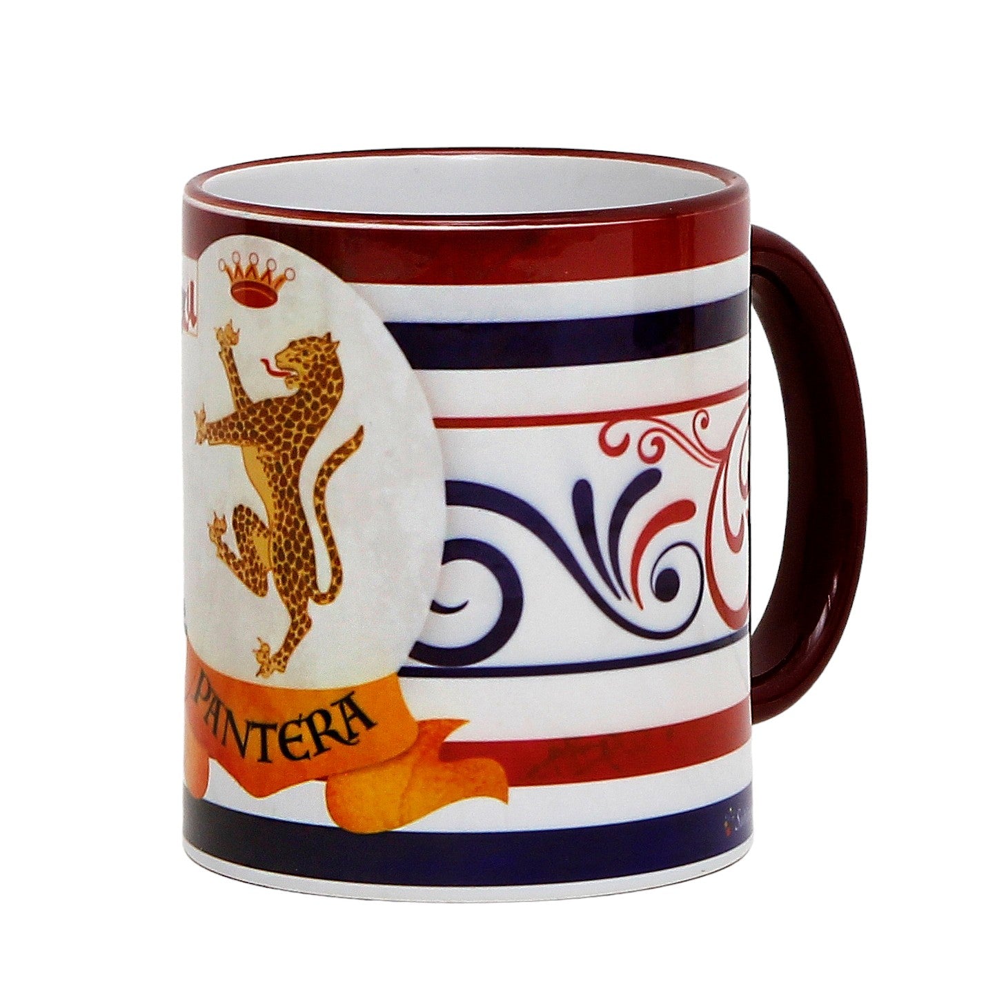 PALIO DI SIENA: Porcelain printed mug -  Brown Handle & Rim - Design by Mario Bruno - PANTERA (Panther)