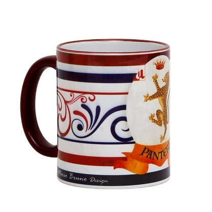 PALIO DI SIENA: Porcelain printed mug -  Brown Handle & Rim - Design by Mario Bruno - PANTERA (Panther)