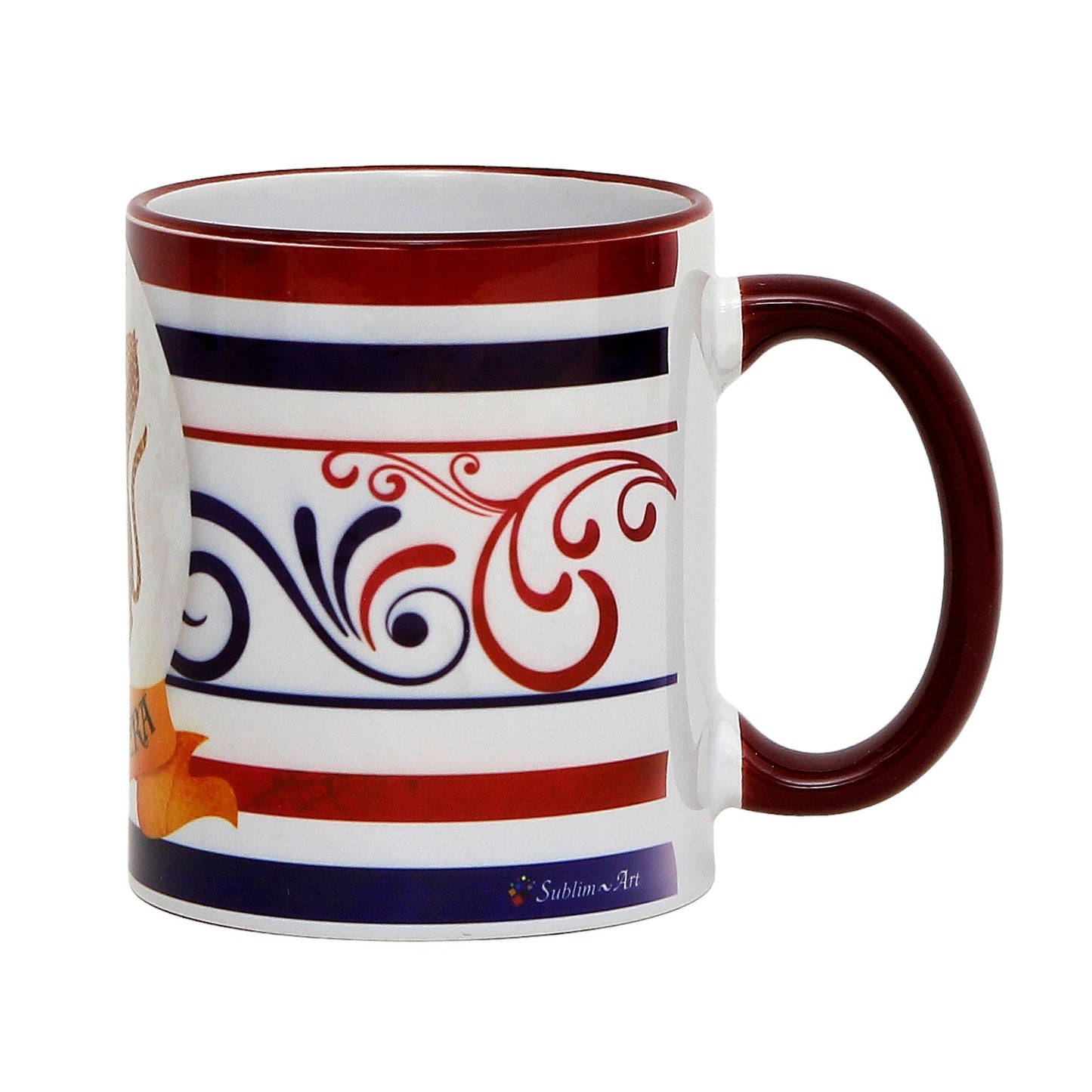 PALIO DI SIENA: Porcelain printed mug -  Brown Handle & Rim - Design by Mario Bruno - PANTERA (Panther)