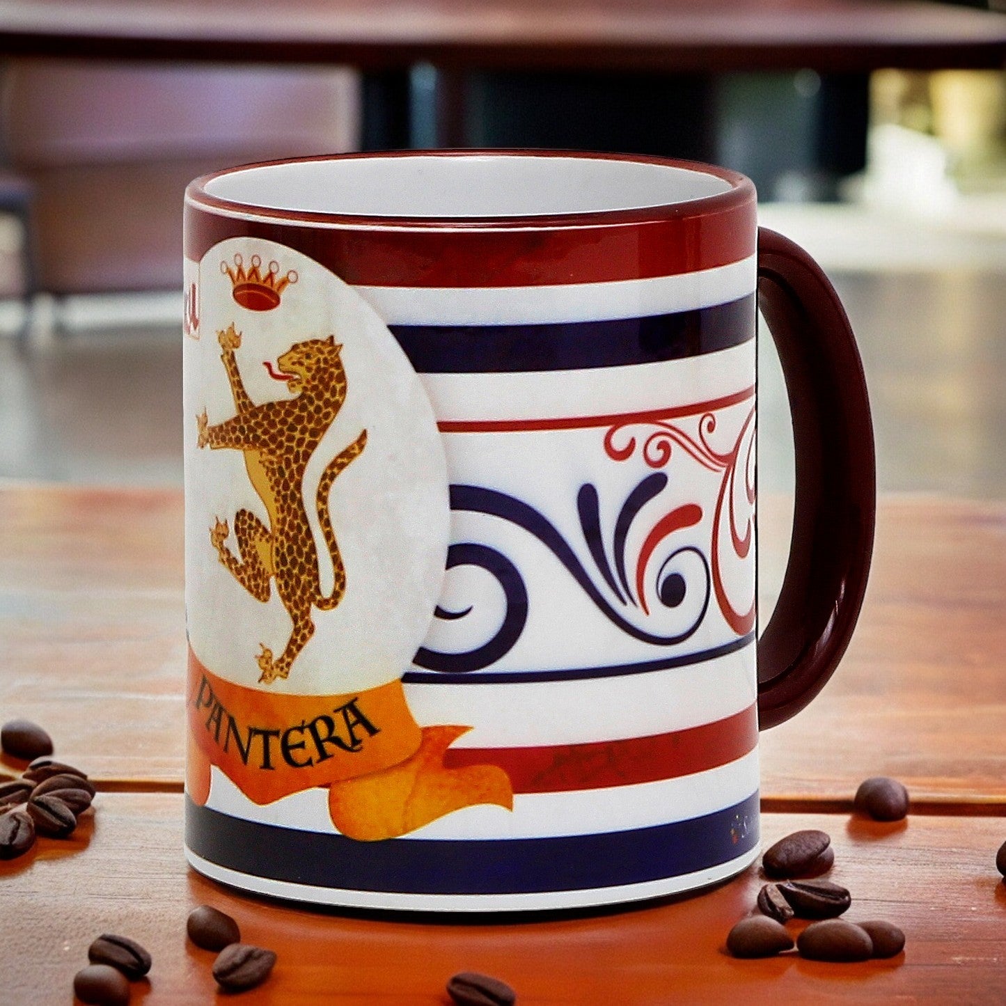 PALIO DI SIENA: Porcelain printed mug -  Brown Handle & Rim - Design by Mario Bruno - PANTERA (Panther)