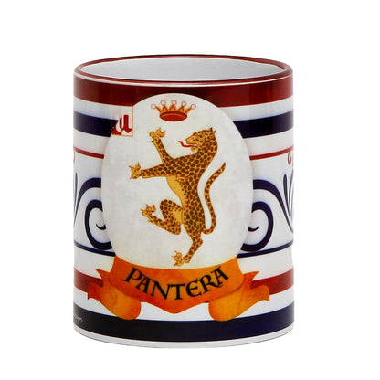 PALIO DI SIENA: Porcelain printed mug -  Brown Handle & Rim - Design by Mario Bruno - PANTERA (Panther)