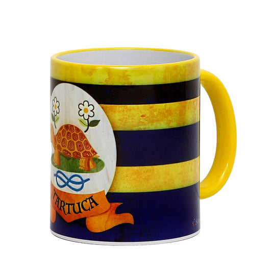 PALIO DI SIENA: Porcelain printed mug -  Yellow Handle & Rim - Design by Mario Bruno - TARTUCA (Tortoise)