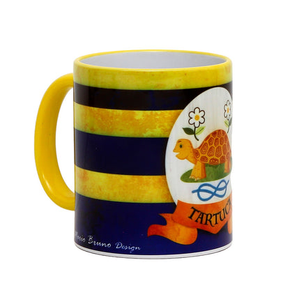 PALIO DI SIENA: Porcelain printed mug -  Yellow Handle & Rim - Design by Mario Bruno - TARTUCA (Tortoise)