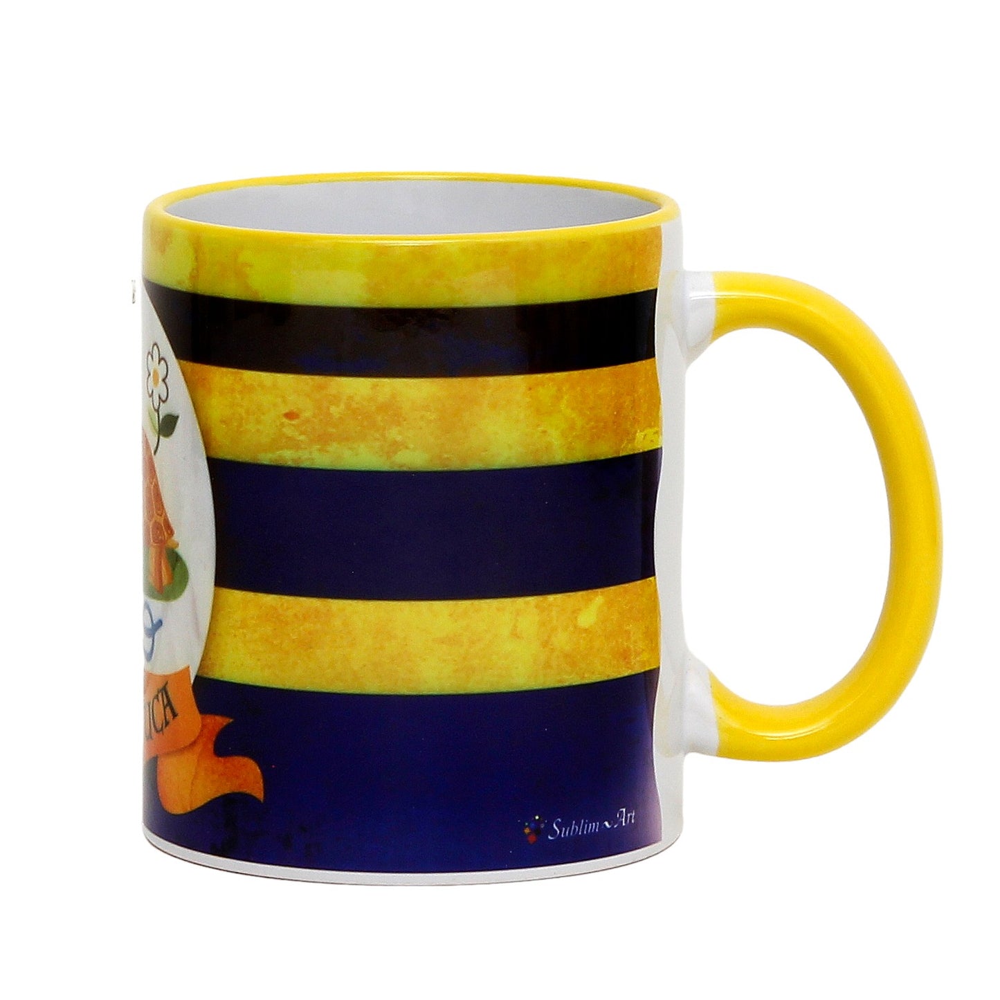 PALIO DI SIENA: Porcelain printed mug -  Yellow Handle & Rim - Design by Mario Bruno - TARTUCA (Tortoise)