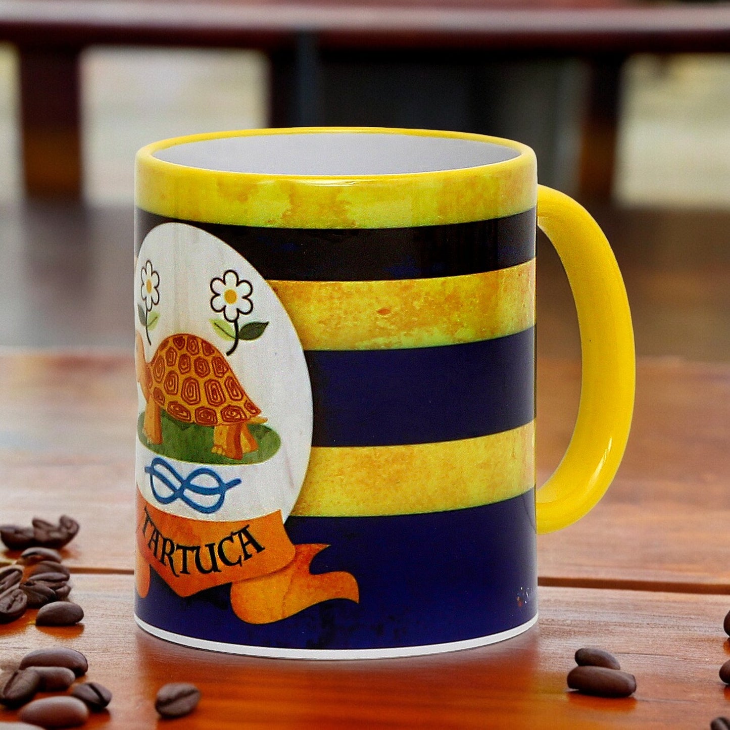 PALIO DI SIENA: Porcelain printed mug -  Yellow Handle & Rim - Design by Mario Bruno - TARTUCA (Tortoise)