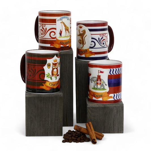 PALIO DI SIENA: Porcelain printed mug Set of 4 bundle: CIVETTA+GIRAFFA+PANTERA+TORRE