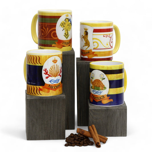 PALIO DI SIENA: Porcelain printed mug Set of 4 bundle: NICCHIO+DRAGO+MONTONE+TARTUCA