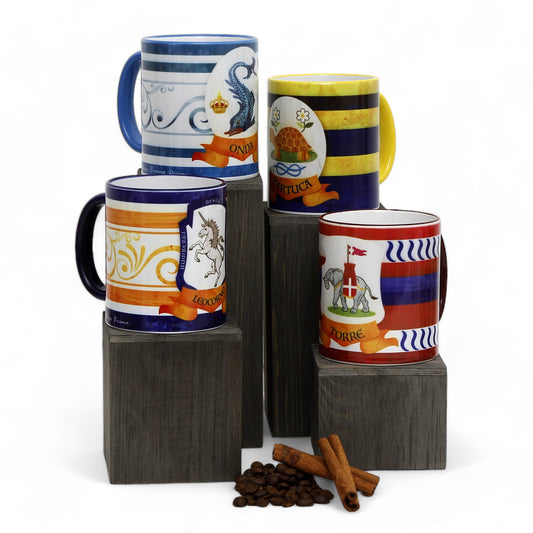 PALIO DI SIENA: Porcelain printed mug Set of 4 bundle: LEOCORNO+ONDA+TARTUCA+TORRE
