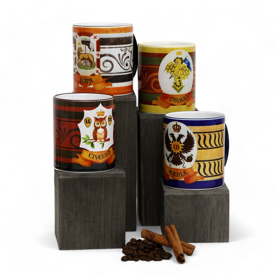 PALIO DI SIENA: Porcelain printed mug Set of 4 bundle: CIVETTA+LUPA+AQUILA+DRAGO