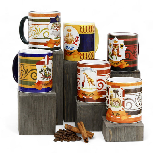 PALIO DI SIENA: Porcelain printed mug Set of 6 bundle: BRUCO+SELVA+NICCHIO+GIRAFFA+LUPA+CIVETTA