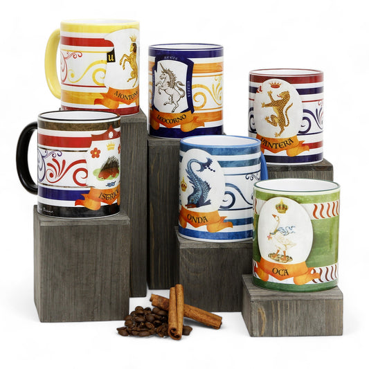 PALIO DI SIENA: Porcelain printed mug Set of 6 bundle: ISTRICE+MONTONE+LEOCORNO+PANTERA+ONDA+OCA