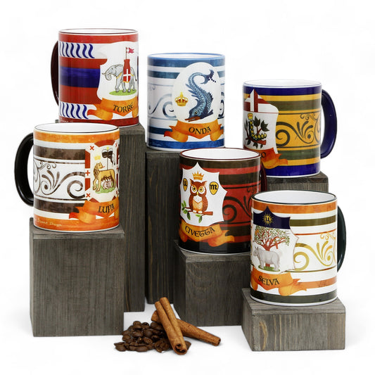 PALIO DI SIENA: Porcelain printed mug Set of 6 bundle: LUPA+TORRE+ONDA+BRUCO+CIVETTA+SELVA