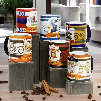 PALIO DI SIENA: Porcelain printed mug Set of 6 bundle: LUPA+TORRE+ONDA+BRUCO+CIVETTA+SELVA