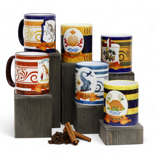 PALIO DI SIENA: Porcelain printed mug Set of 6 bundle: GIRAFFA+LEOCORNO+BRUCO+ONDA+TARTUCA+NICCHIO