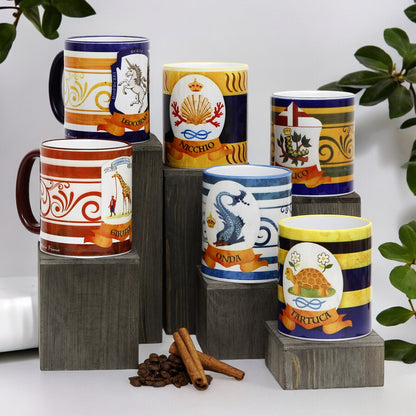 PALIO DI SIENA: Porcelain printed mug Set of 6 bundle: GIRAFFA+LEOCORNO+BRUCO+ONDA+TARTUCA+NICCHIO