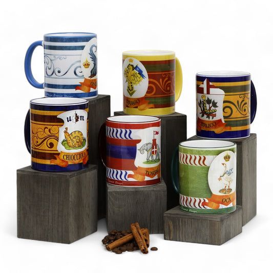PALIO DI SIENA: Porcelain printed mug Set of 6 bundle: CHIOCCIOLA+ONDA+DRAGO+BRUCO+TORRE+OCA