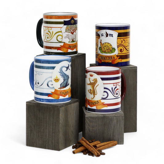 PALIO DI SIENA: Porcelain printed mug Set of 4 bundle: ONDA+SELVA+CHIOCCIOLA+PANTERA