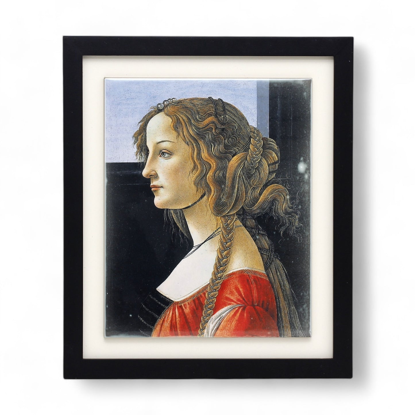 AFFRESCO: Ceramic Tile - Opera "Lady Simonetta Vespucci" portrait by Sandro Botticelli (8x10) - Black Frame