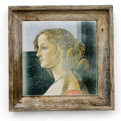 AFFRESCO: Ceramic Tile on Distressed Reclaimed Barn Wood Frame - Opera "Lady Simonetta Vespucci" portrait by Sandro Botticelli