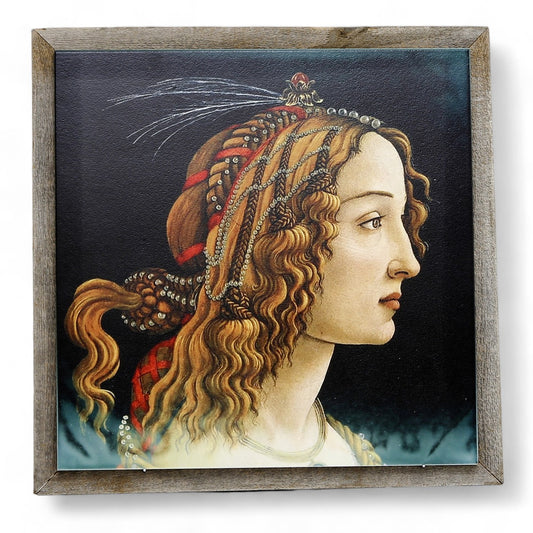 AFFRESCO: Ceramic Tile on Distressed Reclaimed Barn Wood Frame - Opera "Lady Simonetta Vespucci" portrait by Sandro Botticelli